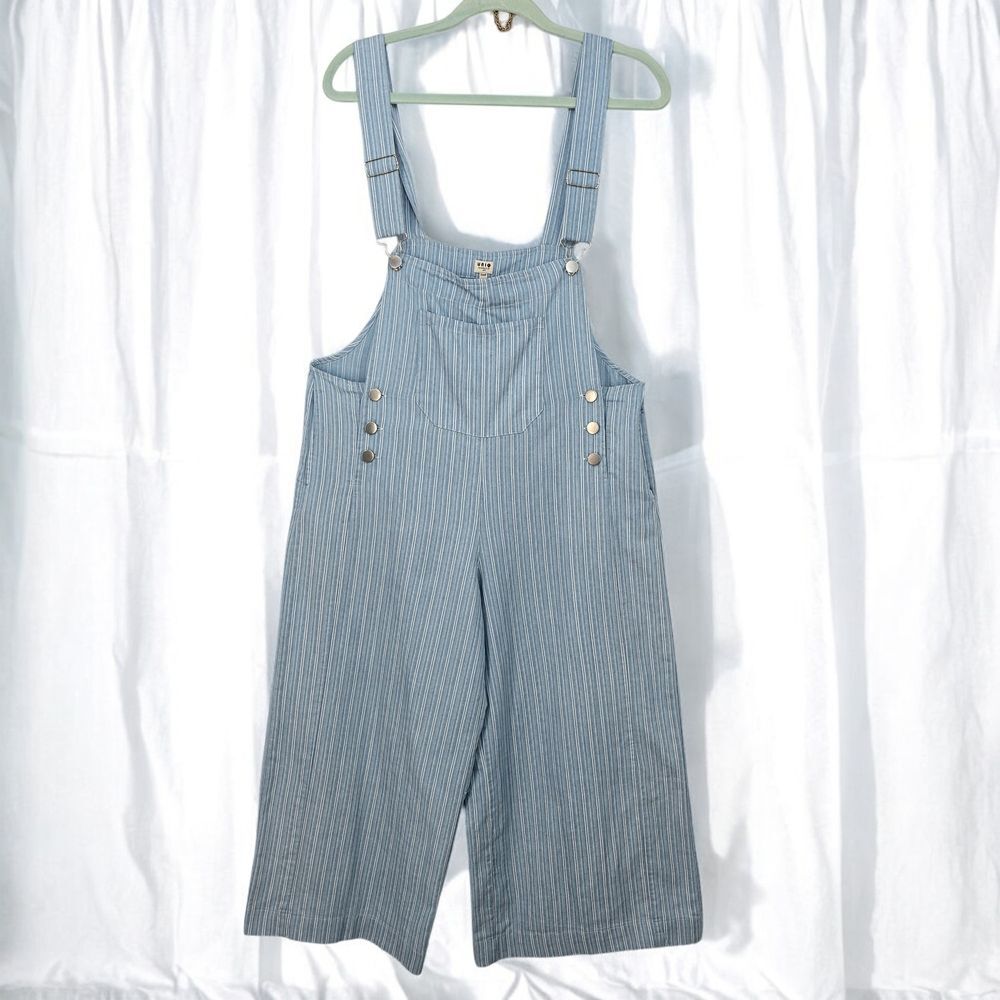 UNIQ Womens Blue White Striped Wide Leg Overalls Size Small Relaxed Fit Bib Boho